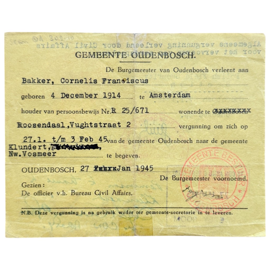 Origineel Tweede Wereldoorlog vergunningdocument van de 1st Polish Field Security Section, uitgegeven in Oudenbosch op 27 januari 1945. Historisch WOII-document met Poolse en geallieerde stempels over reis- en vervoersvergunning, bevrijding van West-Brabant, Oudenbosch, Roosendaal, Klundert en Nieuw-Vossemeer.