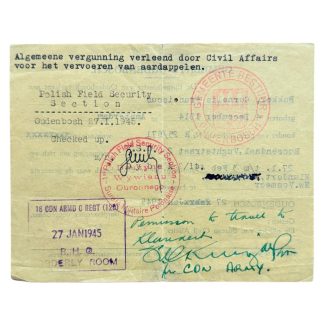 Origineel Tweede Wereldoorlog vergunningdocument van de 1st Polish Field Security Section, uitgegeven in Oudenbosch op 27 januari 1945. Historisch WOII-document met Poolse en geallieerde stempels over reis- en vervoersvergunning, bevrijding van West-Brabant, Oudenbosch, Roosendaal, Klundert en Nieuw-Vossemeer.