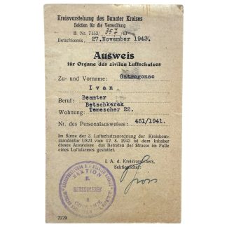 Original WWII German Ausweis for civil air defense issued in 1943 in Betschkerek (Banat), named to Ivan Ostrogonac, complete with official stamp and signature, German occupation document from World War II, rare Luftschutz identification card for collectors.