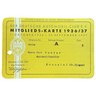 Original D.D.A.C. (Der Deutsche Automobil-Club e.V.) membership card from 1936–1937, printed on yellow card stock, issued to Karl Sohler, automobile dealer from Kreuztal, Germany. Historic German automobilia featuring D.D.A.C. emblem, period typography, Munich date stamp 1 October 1936, membership number 46666, and original signature. Rare interwar collectible documenting German automotive club history, Third Reich–era motoring organizations, and pre-war automobile culture.