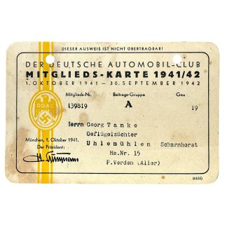 Original WWII German DDAC memberships card Uhlenmühlen near Verden (Aller)