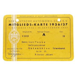 Rare 1936–1937 DDAC German Automobile Club membership card, original collectible automobilia with period typography, eagle and swastika emblem, issued to Georg Tanke, pre-war Germany.