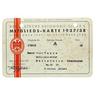 Original WWII German DDAC memberships card Uhlenmühlen near Verden (Aller)