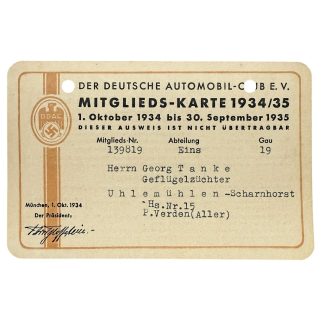 Rare 1934–1935 DDAC German Automobile Club membership card, original collectible automobilia with period typography, eagle and swastika emblem, issued to Georg Tanke, pre-war Germany.