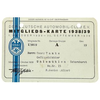 Rare 1938–1939 DDAC German Automobile Club membership card, original collectible automobilia with period typography, eagle and swastika emblem, issued to Georg Tanke, pre-war Germany.