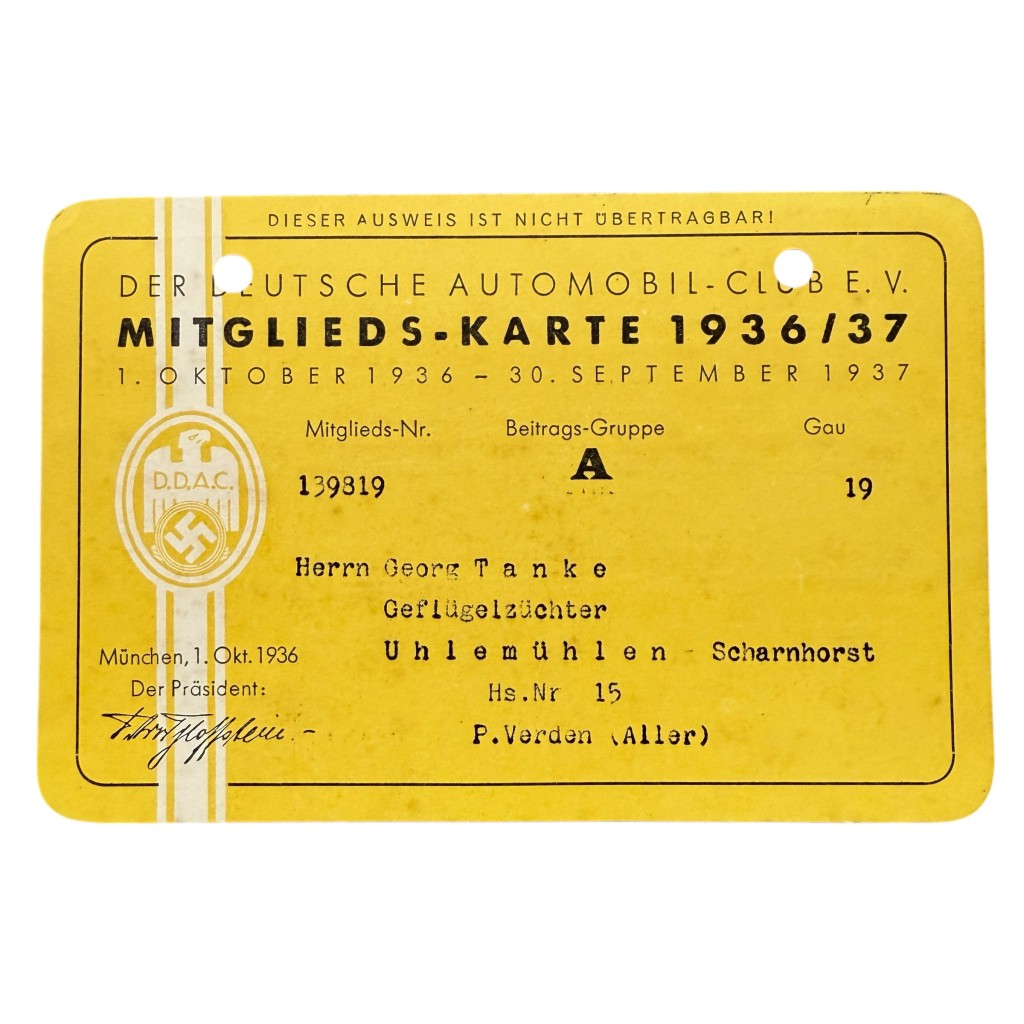 Rare 1936–1937 DDAC German Automobile Club membership card, original collectible automobilia with period typography, eagle and swastika emblem, issued to Georg Tanke, pre-war Germany.