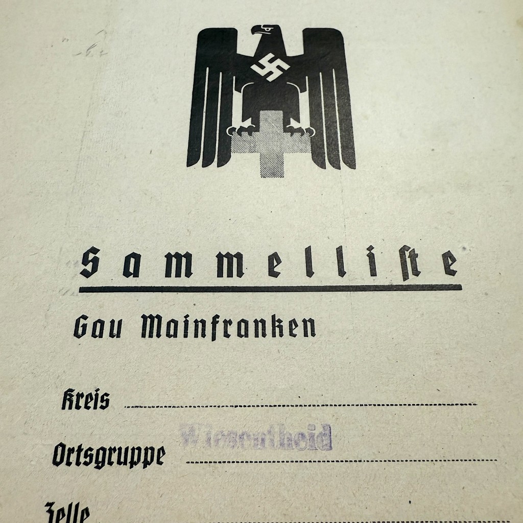 Original WWII German DRK Sammelliste, Gau Mainfranken