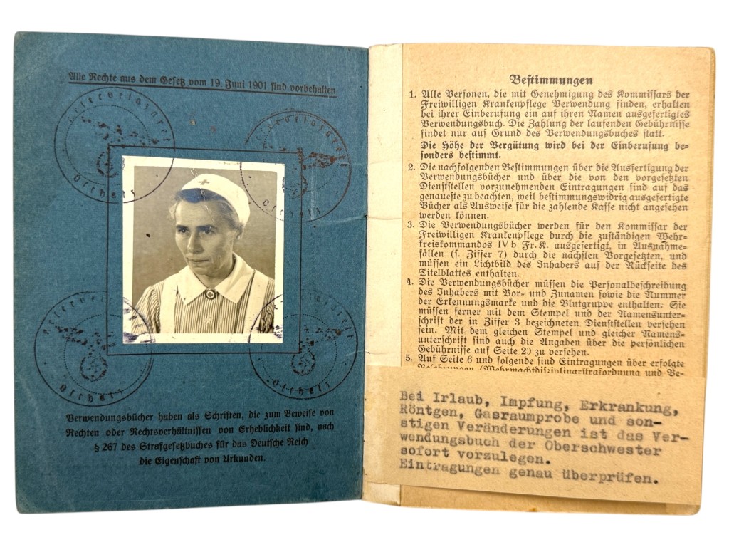 Original WWII Deutsches Rotes Kreuz DRK Verwendungsbuch nurse service book with photo, Hildegard Winter née Rieger, Freiwillige Krankenpflege, Reservelazarett Oschatz, 1942–1945, German Red Cross nurse ID document, medical records, stamps, Wehrmacht era militaria collectible