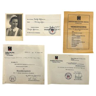 Original DRK (Deutsches Rotes Kreuz) document set from 1937–1943 featuring a German Red Cross nurse, including portrait photograph, membership card, promotion and appointment letters, long service certificate, contribution card, and official swearing-in ceremony program, all with original stamps, signatures, and dates, authentic World War II German Red Cross historical documents for collectors and militaria enthusiasts. VERDEN