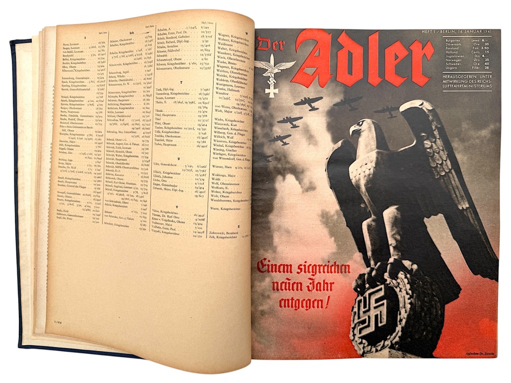 Original Der Adler Jahrgang 1941 bound volume, rare WWII German Luftwaffe magazine, complete annual edition with aviation photographs, aircraft, pilots and wartime propaganda, militaria collector’s item.
