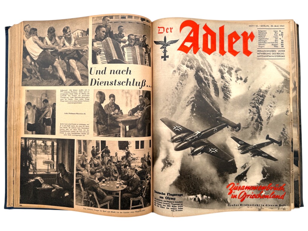 Original Der Adler Jahrgang 1941 bound volume, rare WWII German Luftwaffe magazine, complete annual edition with aviation photographs, aircraft, pilots and wartime propaganda, militaria collector’s item.