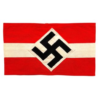 Historical Nazi Germany Hitler Youth (Hitlerjugend) armband featuring a red cloth band with a white center stripe and a black swastika emblem inside a white diamond, worn by members of the Hitler Youth organization during the Third Reich era.