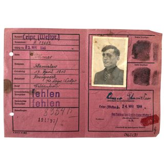Original WWII German Ausweis identity document issued in 1944 in Leipe, West Prussia (today Lipno, Poland), named to Stanislaw Celmer, featuring original photograph, handwritten details, signature and fingerprints, authentic Second World War identification paper for military history and WWII document collectors.