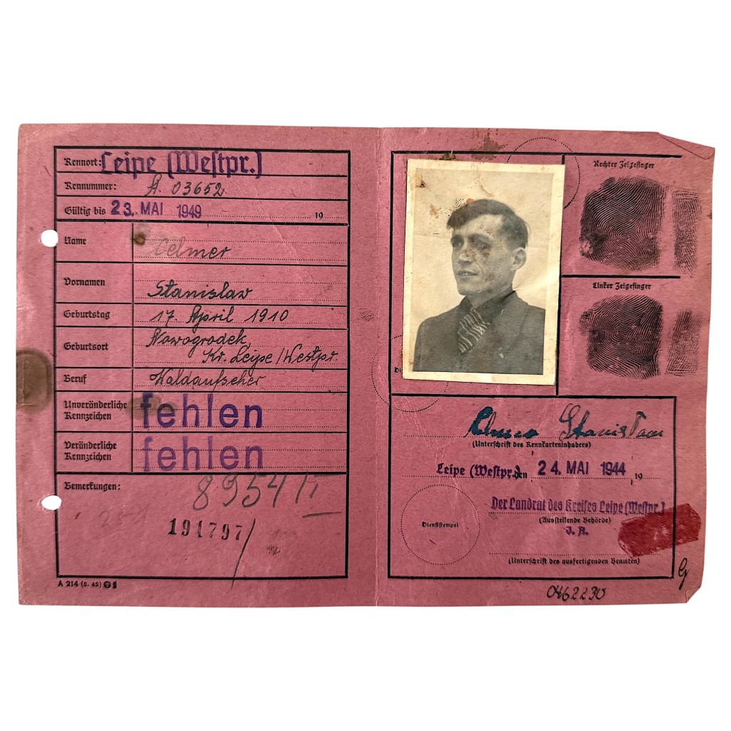 Original WWII German Ausweis identity document issued in 1944 in Leipe, West Prussia (today Lipno, Poland), named to Stanislaw Celmer, featuring original photograph, handwritten details, signature and fingerprints, authentic Second World War identification paper for military history and WWII document collectors.