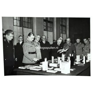 Original WWII NSDAP photograph 18x13 cm showing senior Nazi officials Jost, Vogel, Rosenberg, Frick and Gärtner examining propaganda and cultural publications, Third Reich Germany historical photo, collectors item.