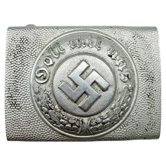 Original WWII German Polizei belt buckle made of aluminium, featuring swastika and “Gott mit uns” inscription, complete with original locking mechanism, authentic Second World War police uniform equipment collectible.