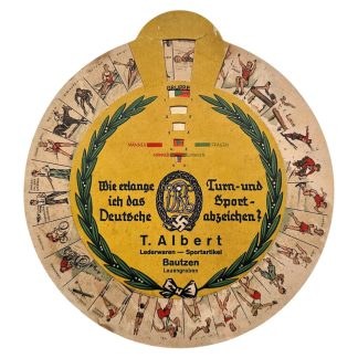 Original German “Wie erlange ich das Deutsche Turn- und Sportabzeichen?” rotating cardboard information disc by T. Albert, Bautzen, early 20th century, with colorful sports illustrations and detailed performance requirements for men and women on reverse.