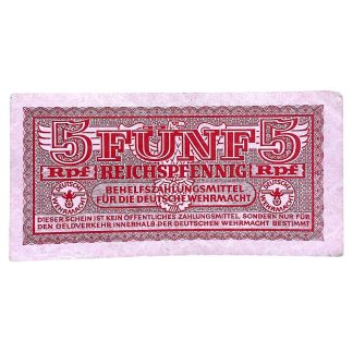 Original WWII German 5 Reichspfennig Behelfszahlungsmittel Wehrmacht emergency currency banknote, red printed military payment note used in barracks and field kitchens, historical Third Reich militaria collectible, WWII military money for collectors.