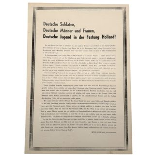 Original German WWII propaganda poster from May 1945 issued by Dr. Arthur Seyss-Inquart, announcing the death of Adolf Hitler, addressed to “Deutsche Soldaten, Deutsche Männer und Frauen, Deutsche Jugend in der Festung Holland,” rare late-war Third Reich document, 63 x 43 cm, historical collectible for WWII propaganda collectors.