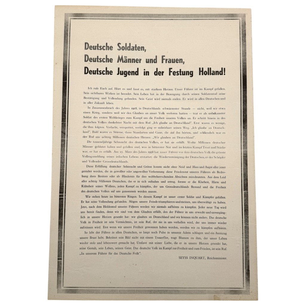 Original German WWII propaganda poster from May 1945 issued by Dr. Arthur Seyss-Inquart, announcing the death of Adolf Hitler, addressed to “Deutsche Soldaten, Deutsche Männer und Frauen, Deutsche Jugend in der Festung Holland,” rare late-war Third Reich document, 63 x 43 cm, historical collectible for WWII propaganda collectors.