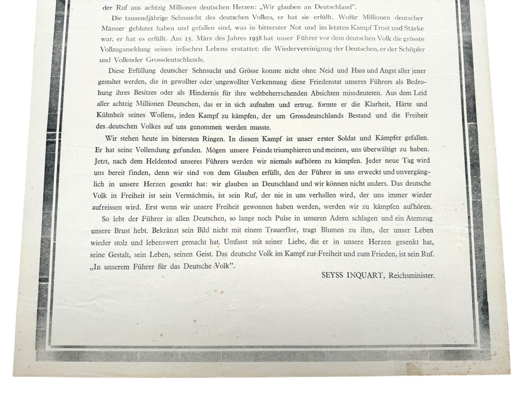 Original German WWII propaganda poster from May 1945 issued by Dr. Arthur Seyss-Inquart, announcing the death of Adolf Hitler, addressed to “Deutsche Soldaten, Deutsche Männer und Frauen, Deutsche Jugend in der Festung Holland,” rare late-war Third Reich document, 63 x 43 cm, historical collectible for WWII propaganda collectors.