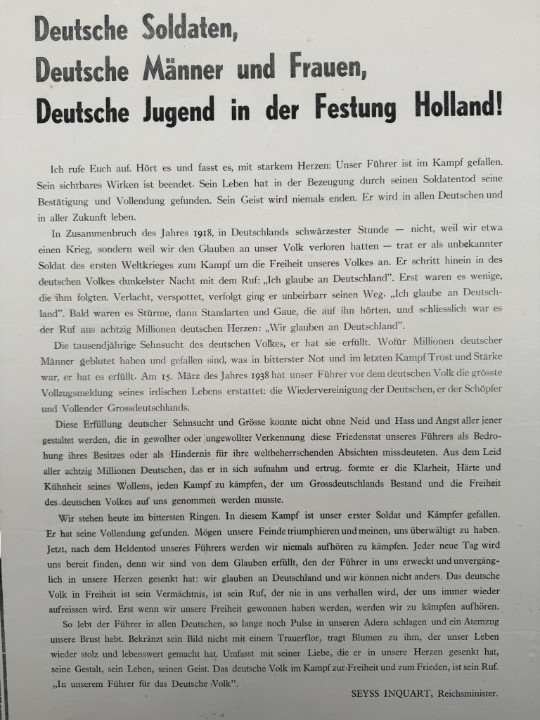 Original German WWII propaganda poster from May 1945 issued by Dr. Arthur Seyss-Inquart, announcing the death of Adolf Hitler, addressed to “Deutsche Soldaten, Deutsche Männer und Frauen, Deutsche Jugend in der Festung Holland,” rare late-war Third Reich document, 63 x 43 cm, historical collectible for WWII propaganda collectors.