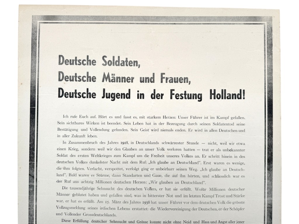 Original German WWII propaganda poster from May 1945 issued by Dr. Arthur Seyss-Inquart, announcing the death of Adolf Hitler, addressed to “Deutsche Soldaten, Deutsche Männer und Frauen, Deutsche Jugend in der Festung Holland,” rare late-war Third Reich document, 63 x 43 cm, historical collectible for WWII propaganda collectors.