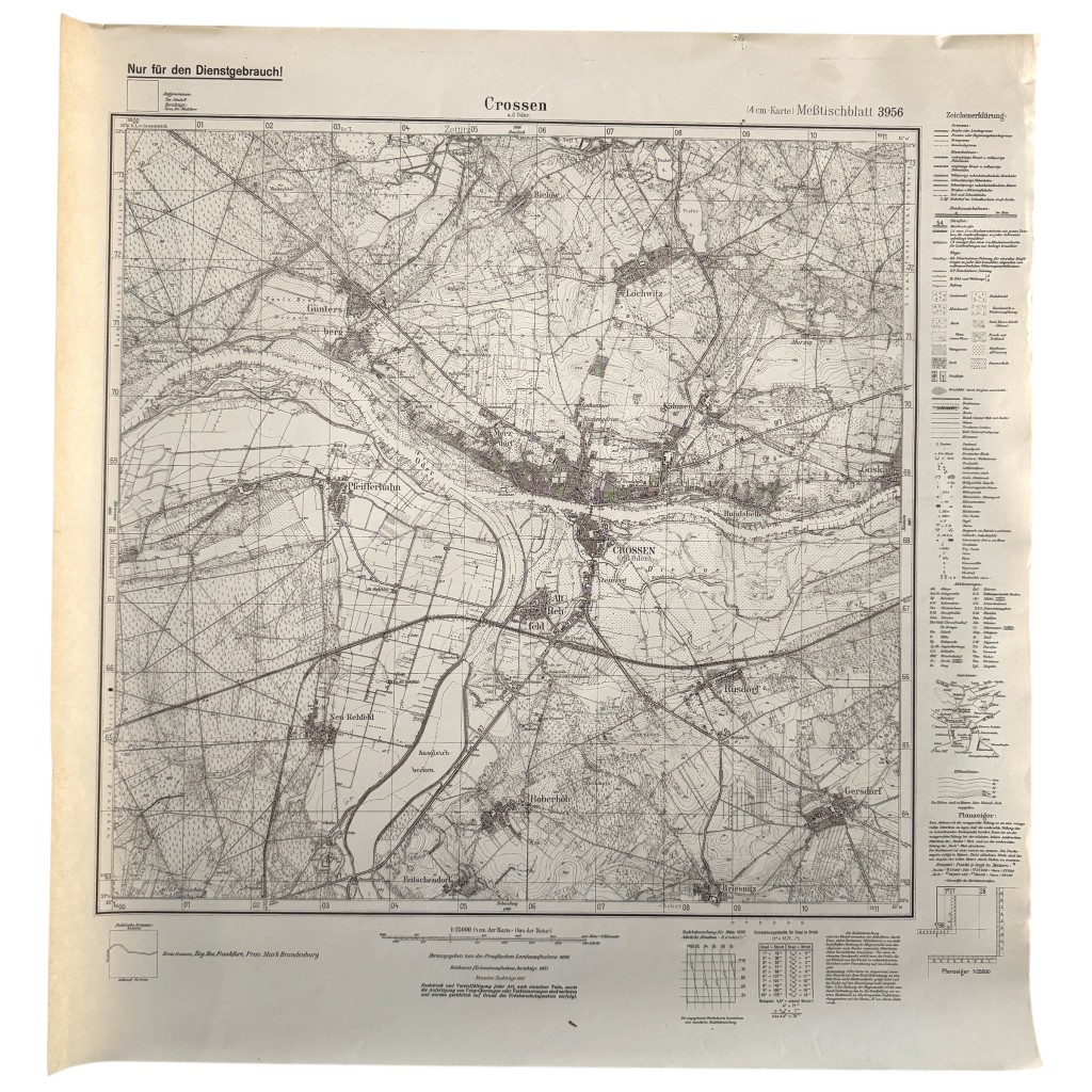 Original German military staff map Messtischblatt 1937 Crossen an der Oder, scale 1:25,000, detailed WWII-era topographic map with contour lines, rivers, roads and settlements, issued for official military use, collectible German cartography and WWII militaria.