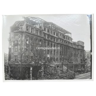 Battle of Berlin 1945 – heavily damaged apartment buildings and rubble in central Berlin after the fighting, showing ruined architecture following Allied bombing and street battles during the final days of World War II in Nazi Germany.