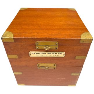 Rare WWII Hamilton marine chronometer in original wooden box with brass fittings, made by Hamilton Watch Co. Lancaster USA, historic naval navigation instrument for maritime and military collectors, untested condition.