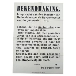 Originele Nederlandse leger mobilisatieposter uit 1939 uit Voorhout, WOII militair affiche 65 x 45 cm, uitgegeven door Ministerie van Defensie, zeldzame Tweede Wereldoorlog poster voor verzamelaars van militaire geschiedenis en vintage oorlogsmemorabilia.