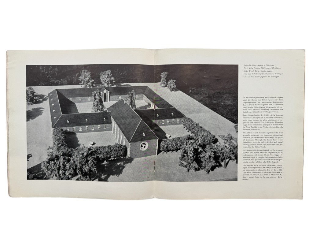 Original Hitlerjugend brochure Die Heime der Hitler-Jugend from Nazi Germany, richly illustrated Third Reich propaganda publication featuring Hitler Youth buildings, architecture, interiors, youth activities and sports facilities, historical WWII German memorabilia for Hitlerjugend collectors and researchers.