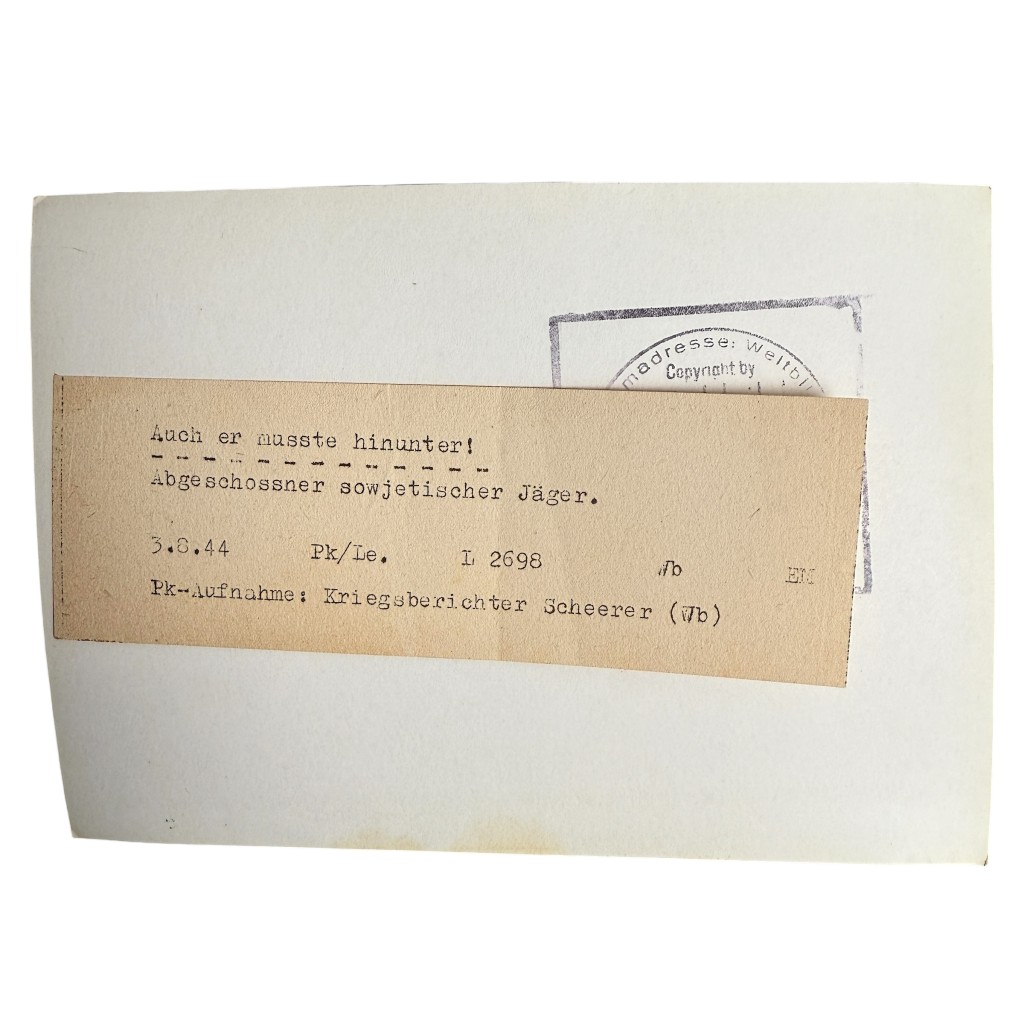 Original WWII German photo Panzergrenadier Division Großdeutschland at the wreckage of a shot-down Soviet fighter aircraft back side