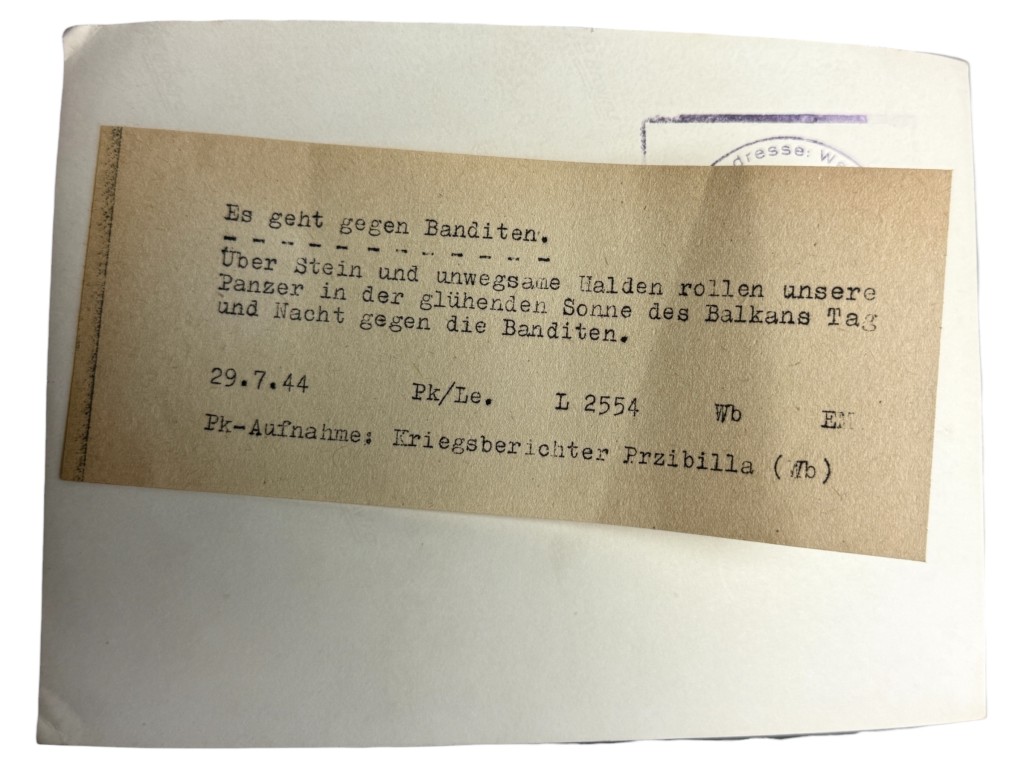 Original WWII German photo of a Panzer in action against partisans back side