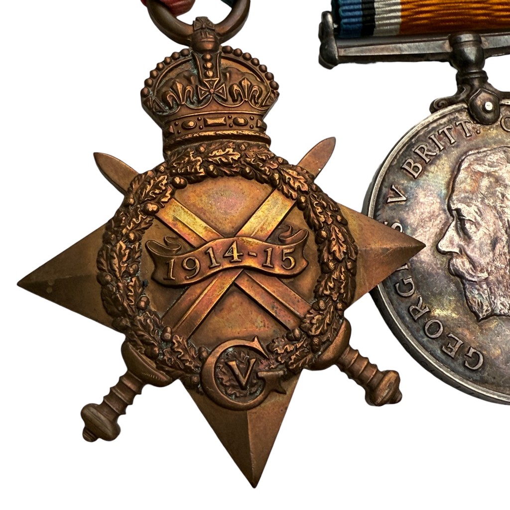 Original First World War British medal trio to Sgt J.H. Corfield, South Wales Borderers – 1914–15 Star, British War Medal and Victory Medal, named and engraved, complete with ribbons, WW1 military medals for collectors, British Army Great War memorabilia.