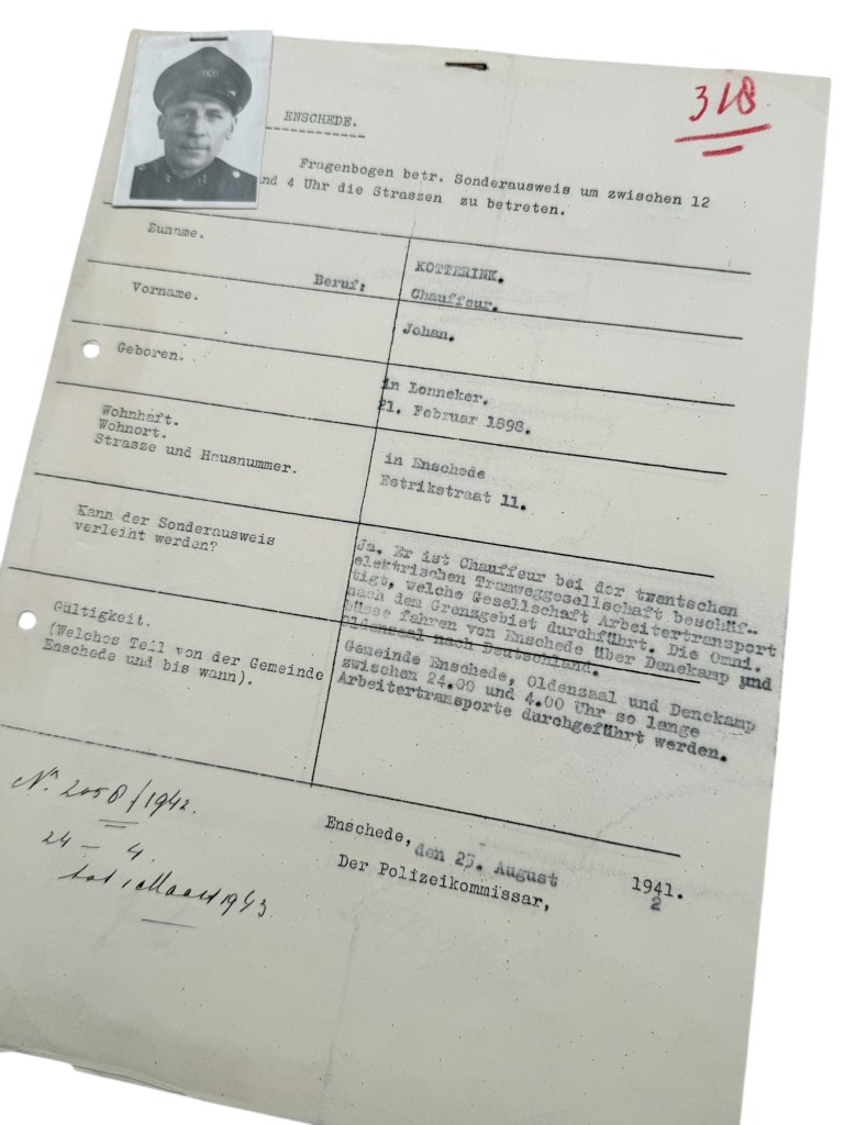 Original WWII German Sonderausweis form Enschede 1942