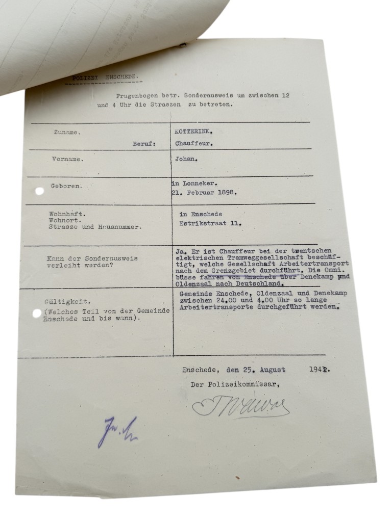Original WWII German Sonderausweis form Enschede 1942