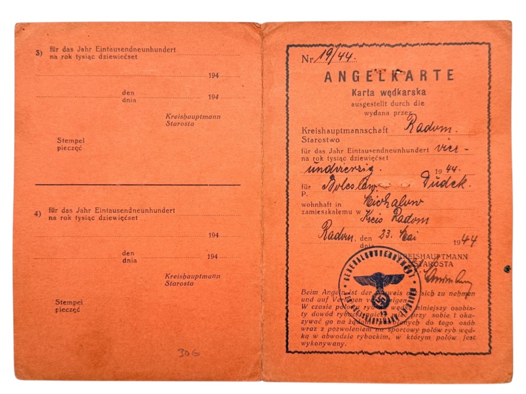 Original WWII German Angelkarte (fishing permit) from Radom in Poland