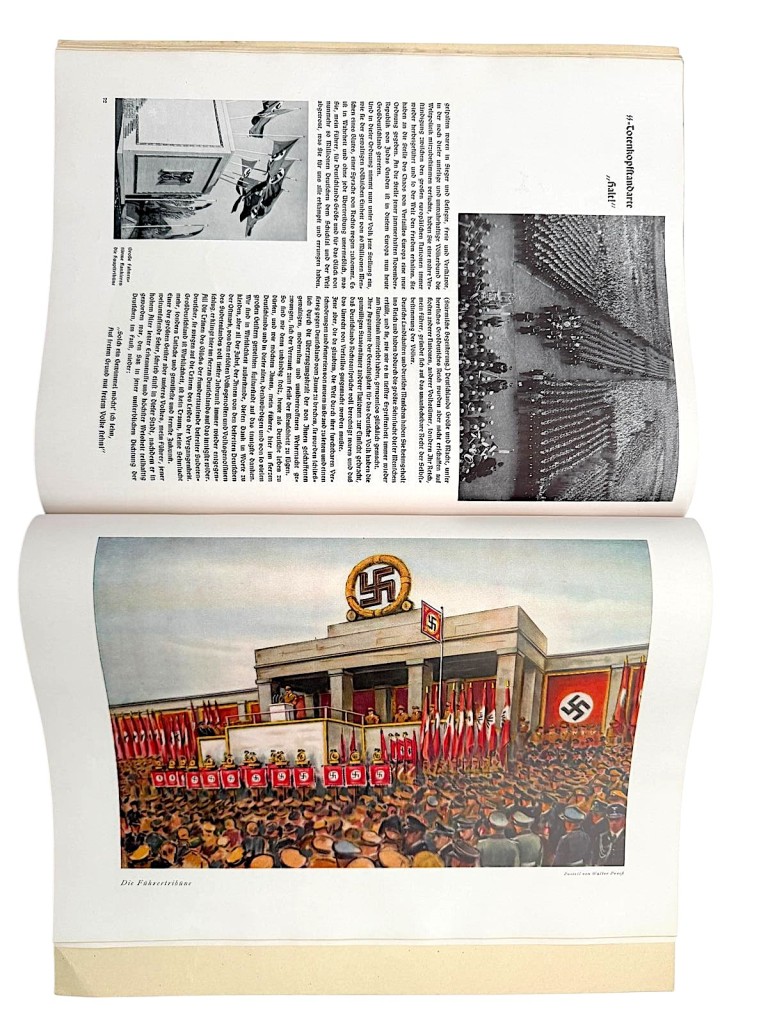 Rare original 1938 Nazi propaganda commemorative book “Der Führer in Weimar 1925–1938” – illustrated Third Reich Gautag Weimar edition with red linen cover and gold embossing, featuring black-and-white and color photographs of NSDAP rallies, parades, mass gatherings and official events at Nationaltheater Weimar and Theaterplatz, historical WWII political documentation collectible for advanced Third Reich and World War II memorabilia collectors