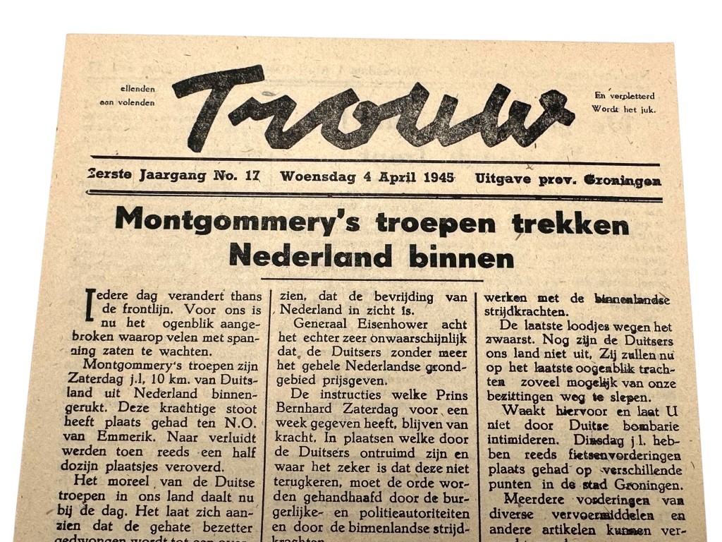 Original WWII Dutch resistance newspaper Groningen 'Trouw'