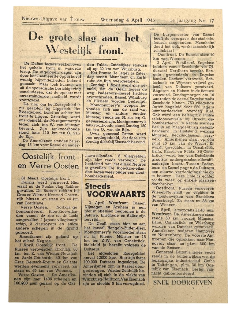 Original WWII Dutch resistance newspaper Groningen 'Trouw'