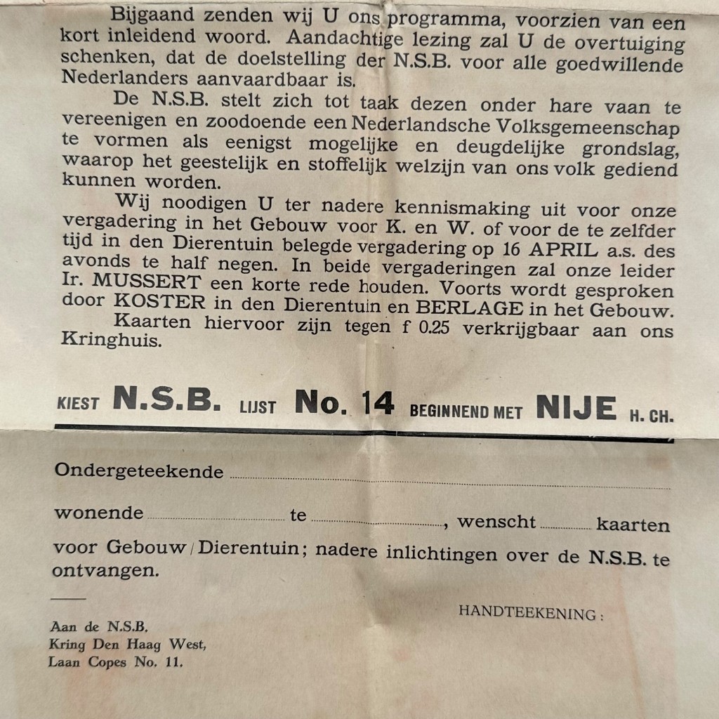 Original 1930s Dutch NSB elections flyer Den Haag