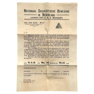 Origineel NSB document Den Haag West Nationaal Socialistische Beweging Nederland propaganda brief Ir. A.A. Mussert verkiezingsoproep NSB Den Haag historisch WOII document.
