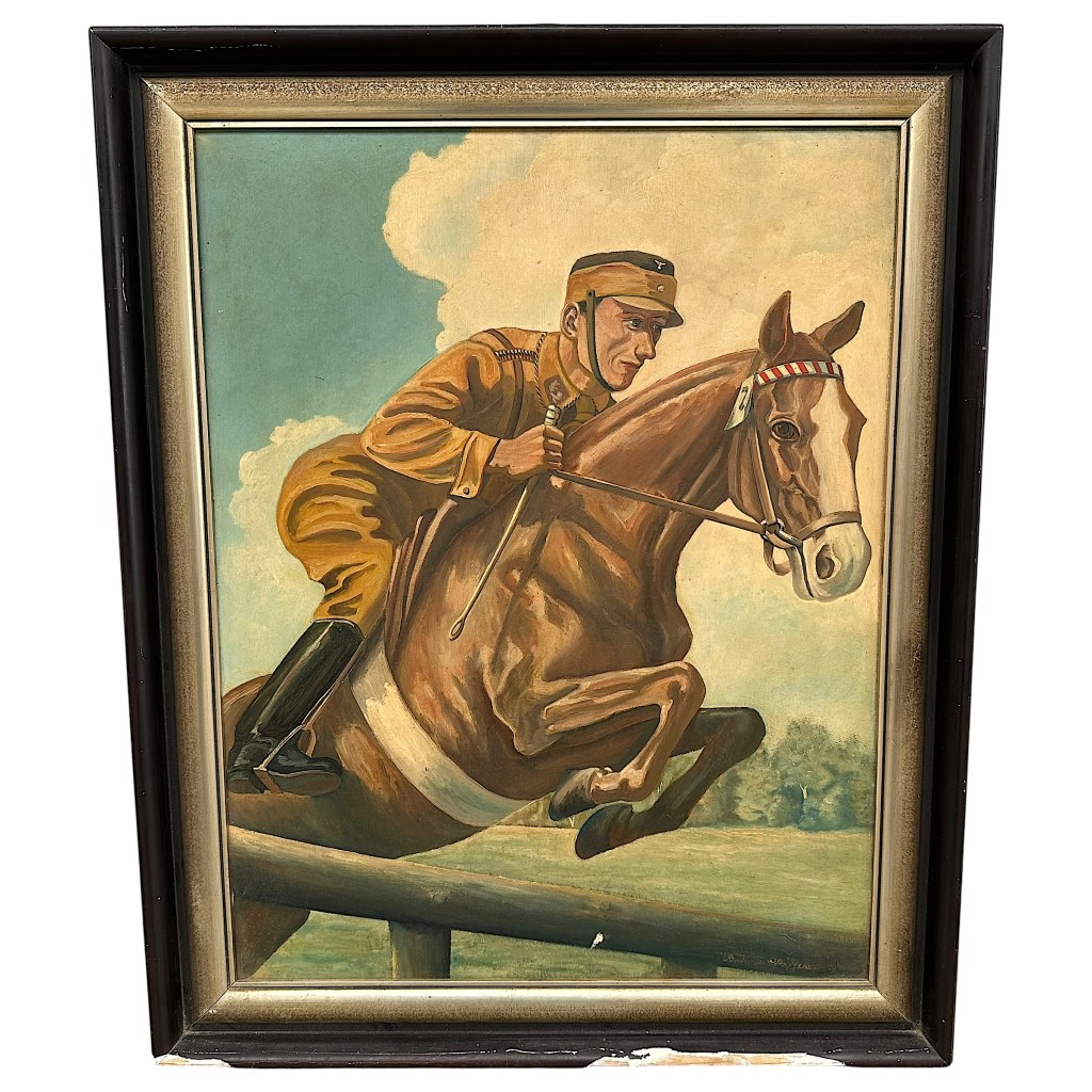 Original 1939 NSRK painting by Richard Pfeiffer, oil on wood, rider on horseback jumping obstacle, framed Third Reich artwork, German WWII era militaria art collectible