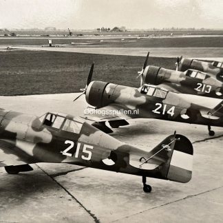 Originele pre-1940 Nederlandse luchtmacht foto met Fokker D.XXI jachtvliegtuigen in lijnopstelling op vliegveld, tactische nummers 212 213 214 215 zichtbaar, militaire luchtvaart Nederland 1938 1939 1940, Tweede Wereldoorlog mobilisatieperiode, vintage defensie fotografie 24 x 15 cm, verzamelobject voor luchtvaart en WO2 verzamelaars.
