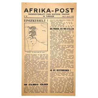Original WWII Allied propaganda leaflet “Afrika-Post” April 8, 1943 – German language leaflet dropped over Tunisia, North Africa Campaign psychological warfare collectible, double-sided WWII propaganda flyer for collectors