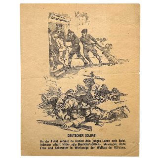 Original WWII Allied propaganda leaflet for German soldiers, double-sided wartime flyer with anti-Nazi illustration and German text, rare Second World War militaria collectible, psychological warfare leaflet, authentic vintage WWII propaganda document.