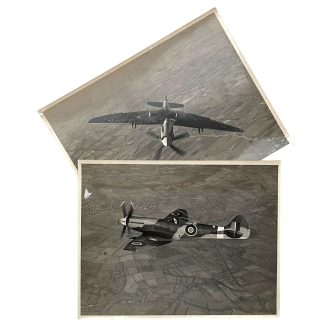 Original WWII British RAF Supermarine Spitfire Mk XII large format press photographs 24 x 18 cm, in-flight aerial views over England, elliptical wings and RAF roundels visible, Vickers-Armstrongs factory stamp and photographer Chas E Brown credit on reverse, authentic World War II Royal Air Force fighter aircraft images, rare collectible for WWII RAF aviation memorabilia collectors.