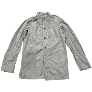 Original British WWII German POW jacket circa 1942, grey cotton prisoner of war uniform with black diamond identification patch on back, authentic World War II British camp issue clothing for German prisoners, rare POW militaria collectible