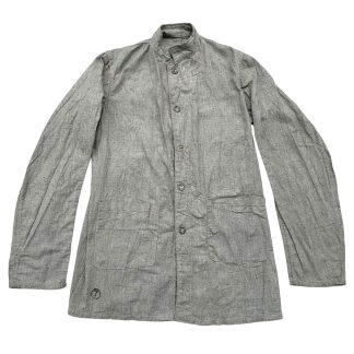 Original British WWII German POW jacket circa 1942, grey cotton prisoner of war uniform with black diamond identification patch on back, authentic World War II British camp issue clothing for German prisoners, rare POW militaria collectible